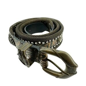 Vtg Nanni Western Belt Rare Women M Bronze Tooled Leather Rhinestone Rodeo Italy